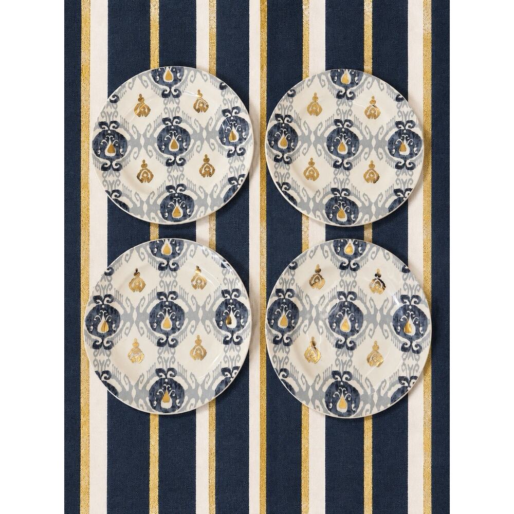 4 Anthropologie 8.25” Salad Plate Tanja Ikat Geometric Navy and Metallic Gold